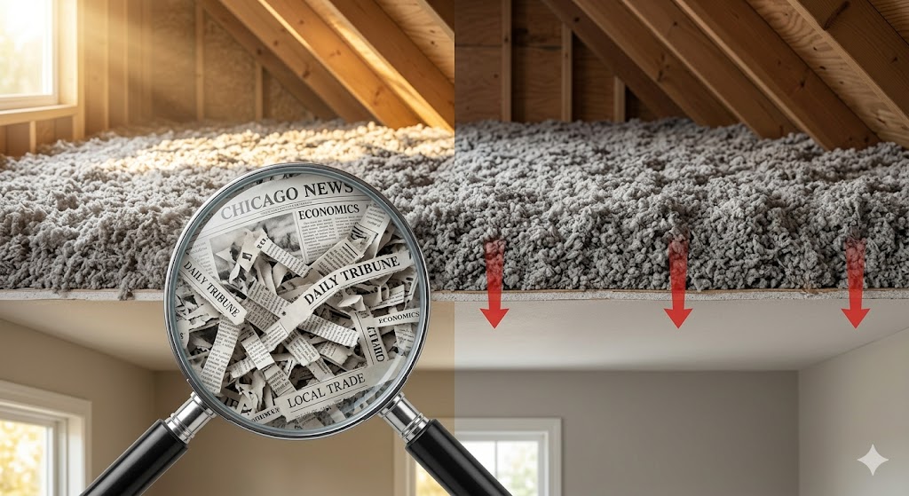 A conceptual visualization of recycled paper cellulose insulation and its weight impact on attic joists.
